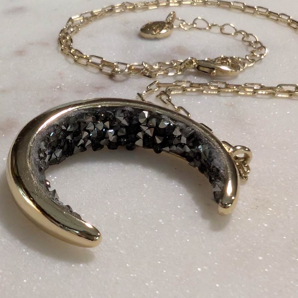 Crescent Moon Necklace, Gold Tone and Crystals - Picture 6 of 8